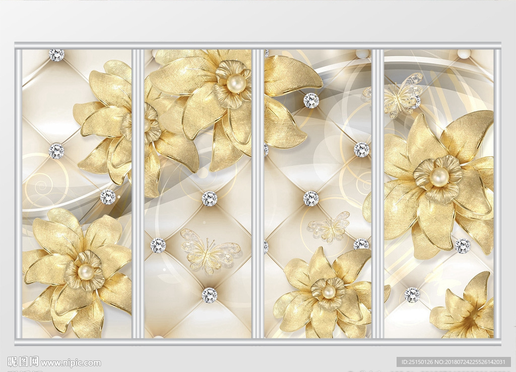 3d金色镶钻珠宝花朵移门