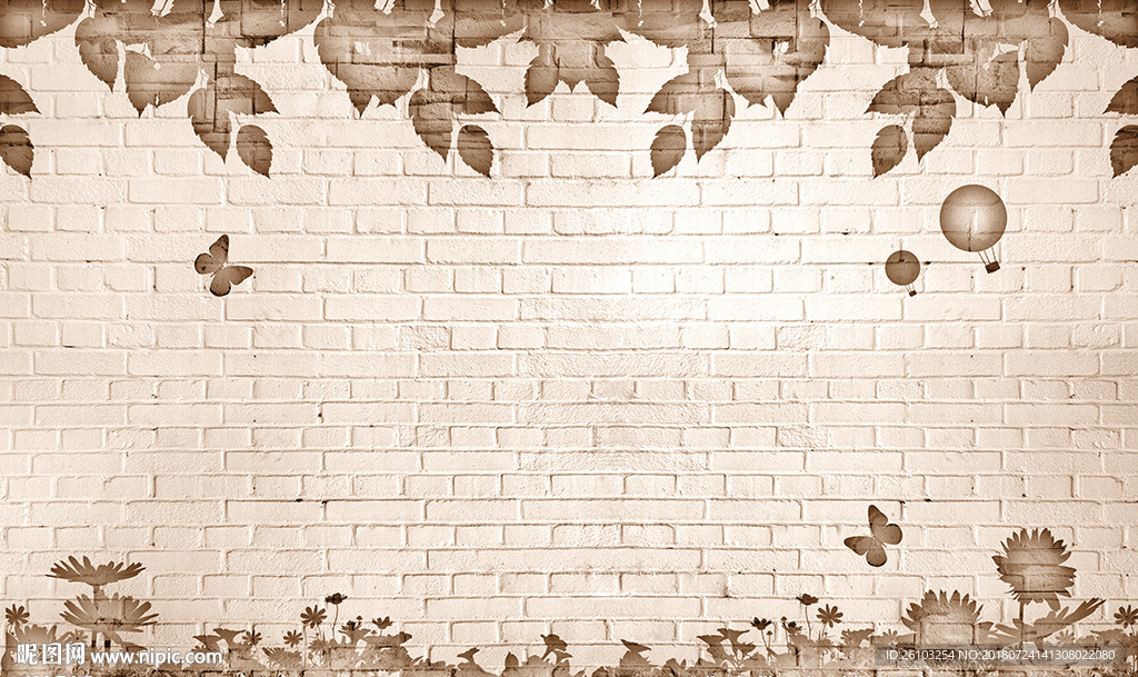 简约花卉蝴蝶砖墙电视背景墙