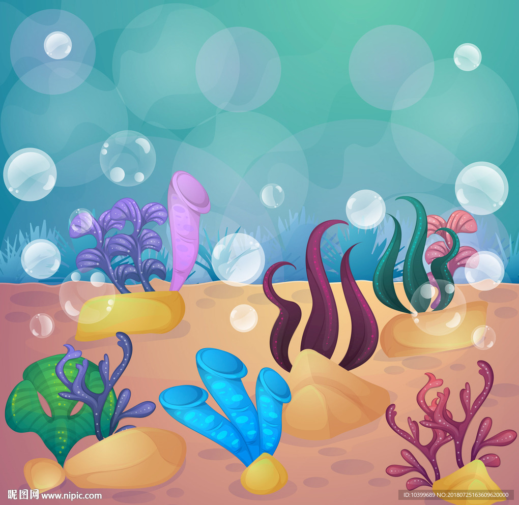 卡通海底世界水草和珊瑚矢量图