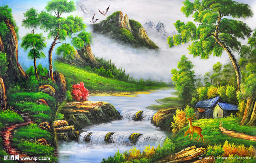 山水油画风景背景墙