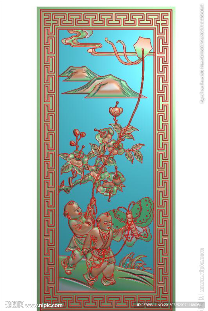回纹边框山水童子风景精雕图浮雕