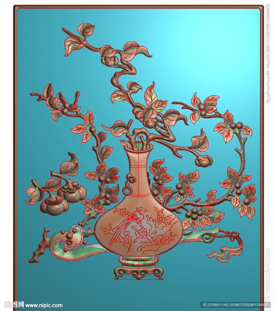 杏花柿子花瓶门板精雕图浮雕灰度
