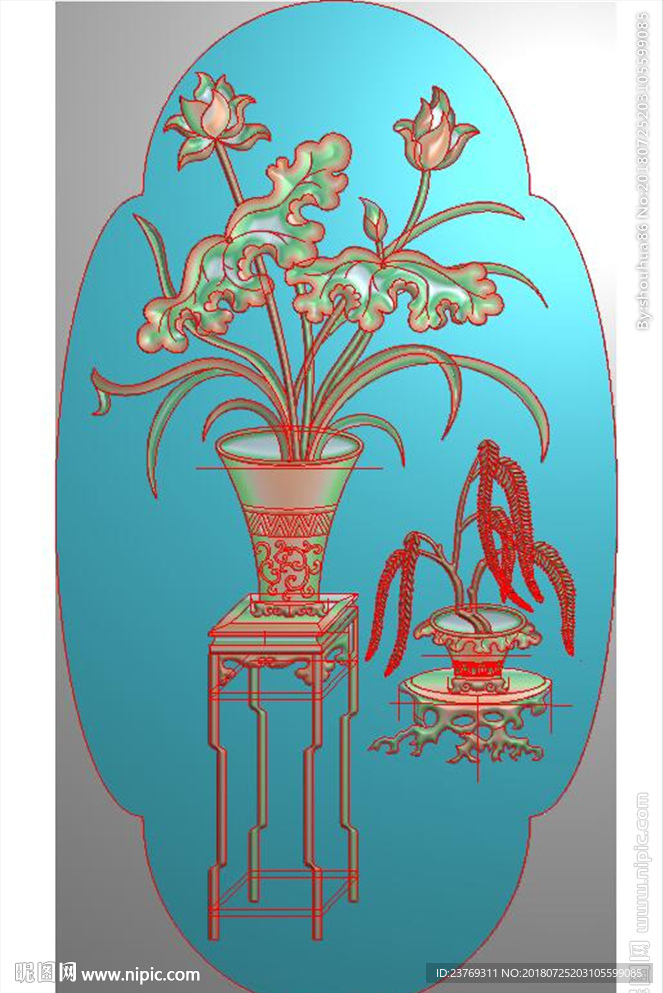 荷花兰花花瓶博古背板精雕图浮雕