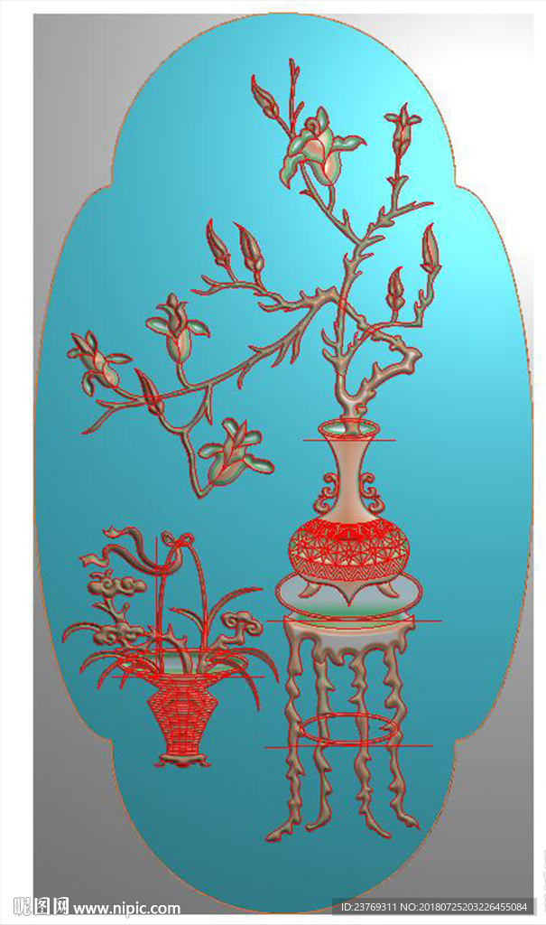 花瓶杏树花篮门板精雕图浮雕灰度
