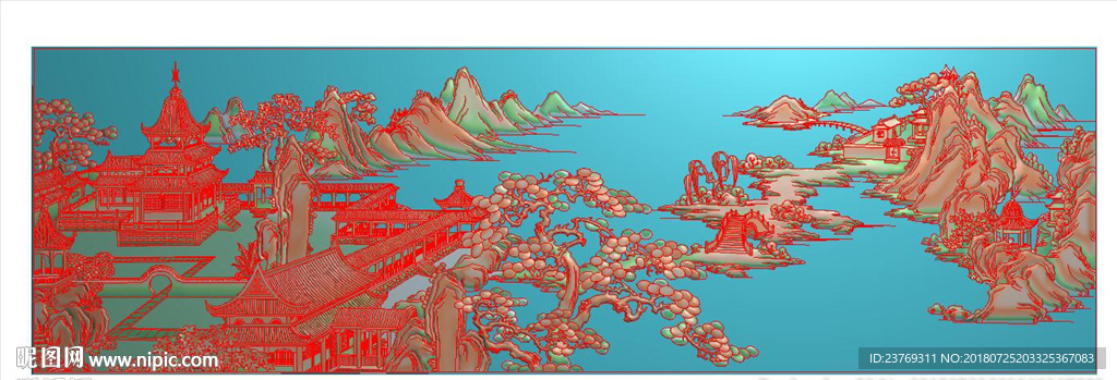 山水风景房子松树横屏精雕图浮雕
