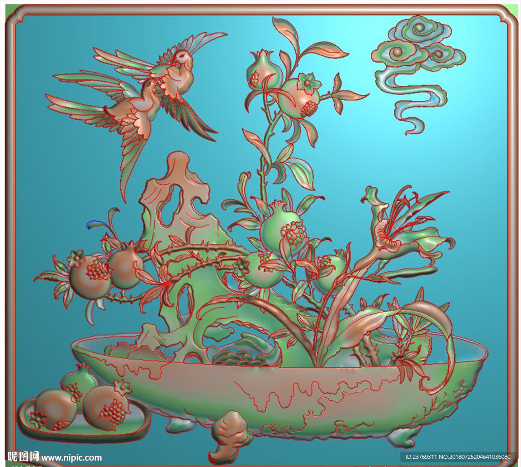 花鸟石榴花瓶花盆仿古门板精雕图