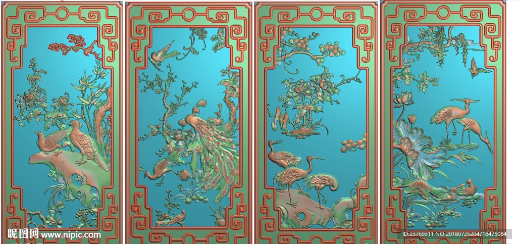 四季花鸟孔雀梅花菊花荷花精雕图