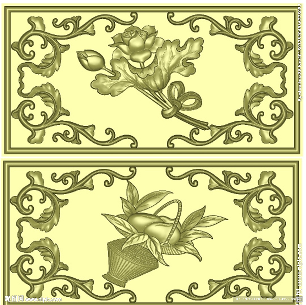 桃子花篮荷花莲花洋花花板精雕图