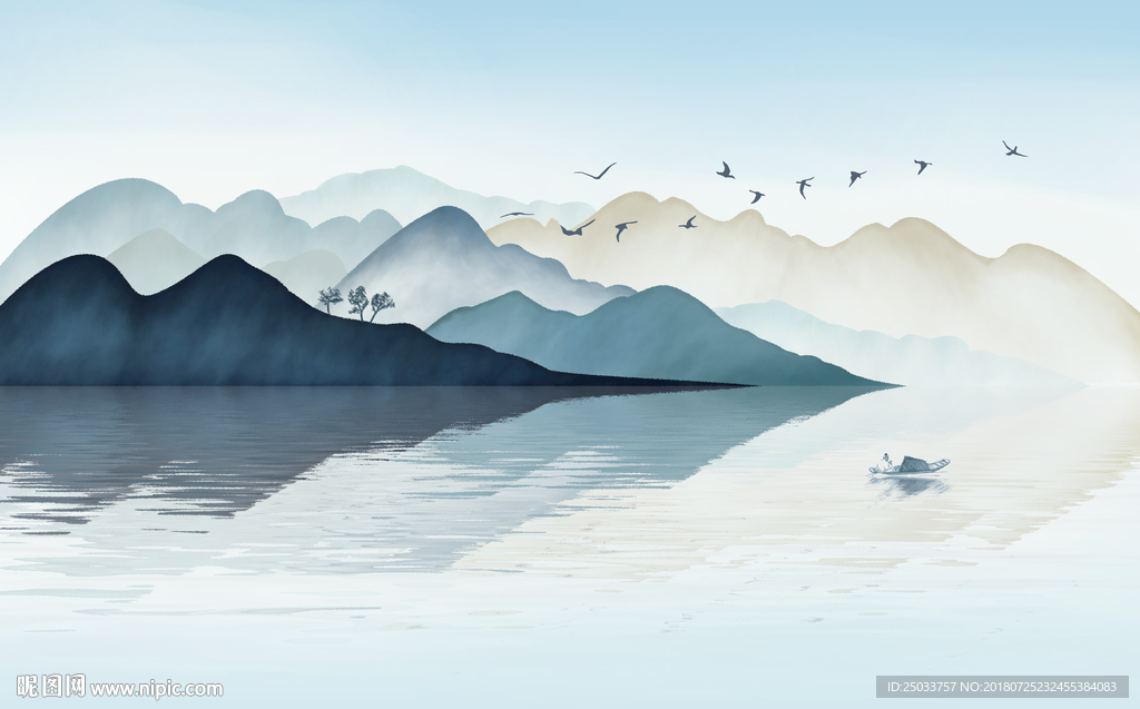 创意山水新中式手绘屏风玄关背景