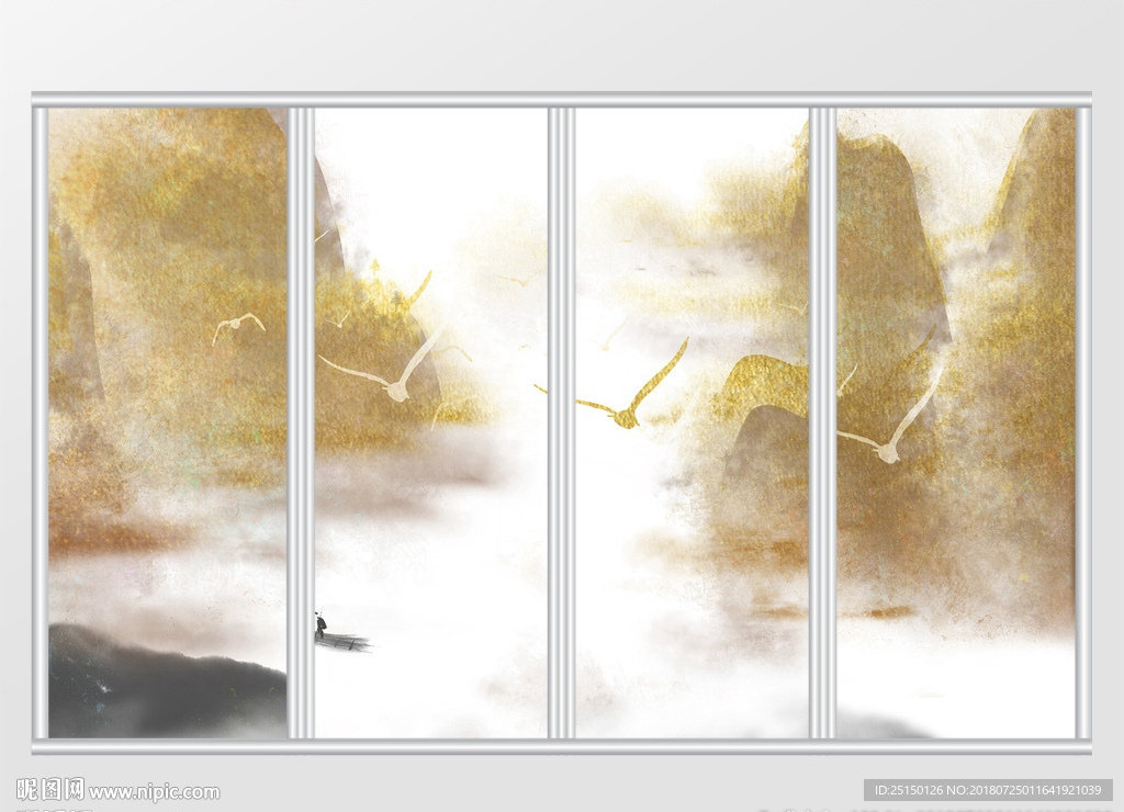 金箔中式中国风水墨山水移门