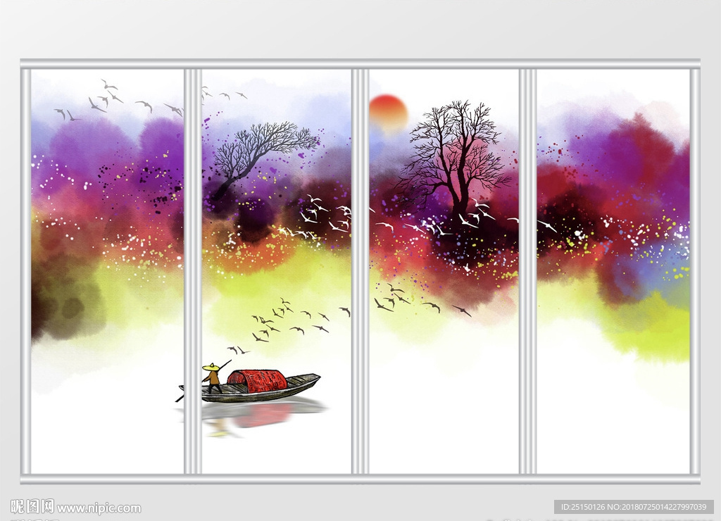 新中式彩墨写意山水画移门