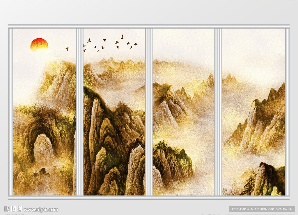 新中式金色山水风景唯美意境移门