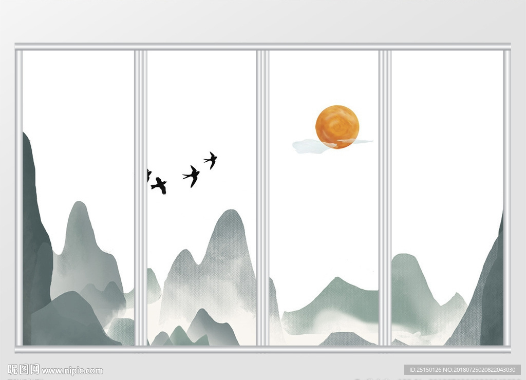 新中式水墨诗意抽象飞鸟移门