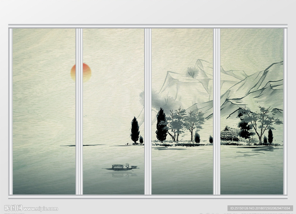 新中式诗意淡青朝阳山水小舟移门