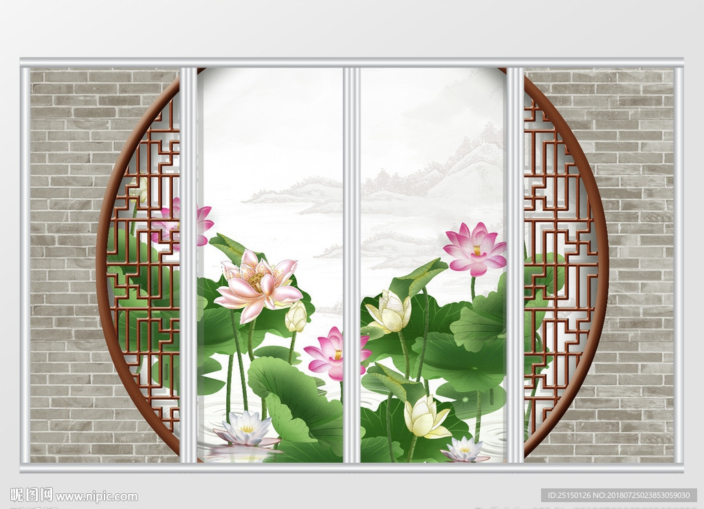 中式曲院风荷花移门