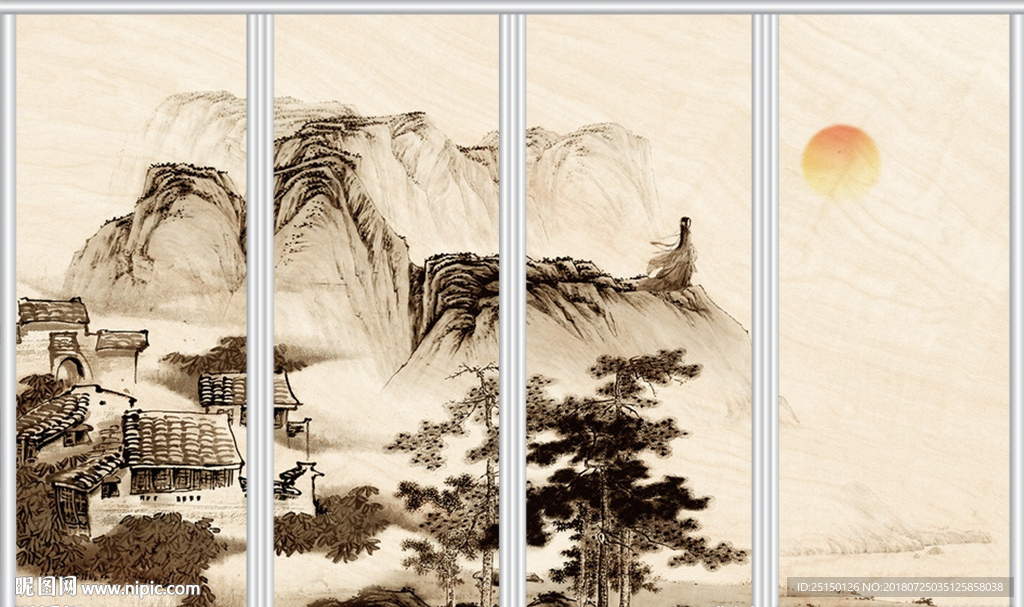 新中式诗意水墨高山远景夕阳移门