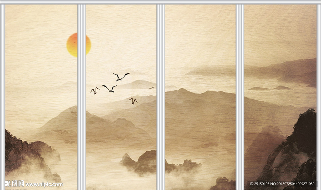 新中式诗意水墨高山群鸟远景移门
