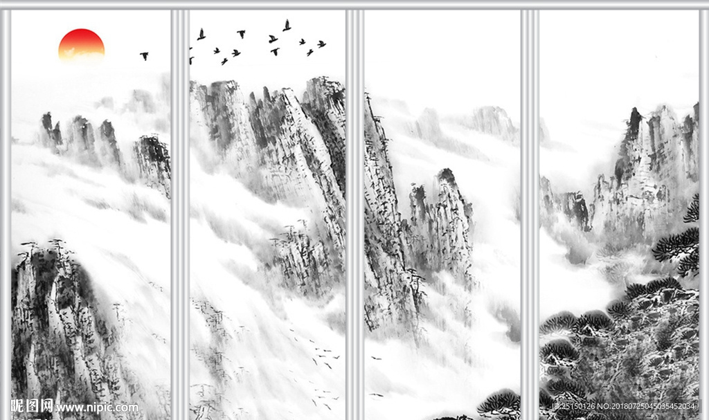 中式飞鸟山水意境移门