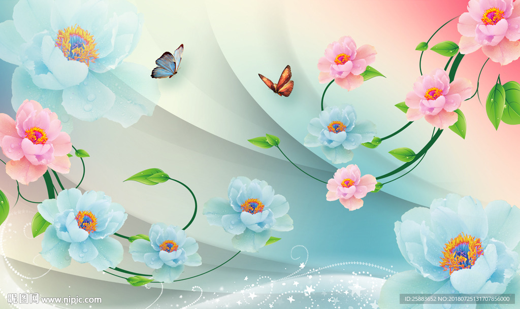 时尚唯美鲜花蝴蝶3D电视背景墙