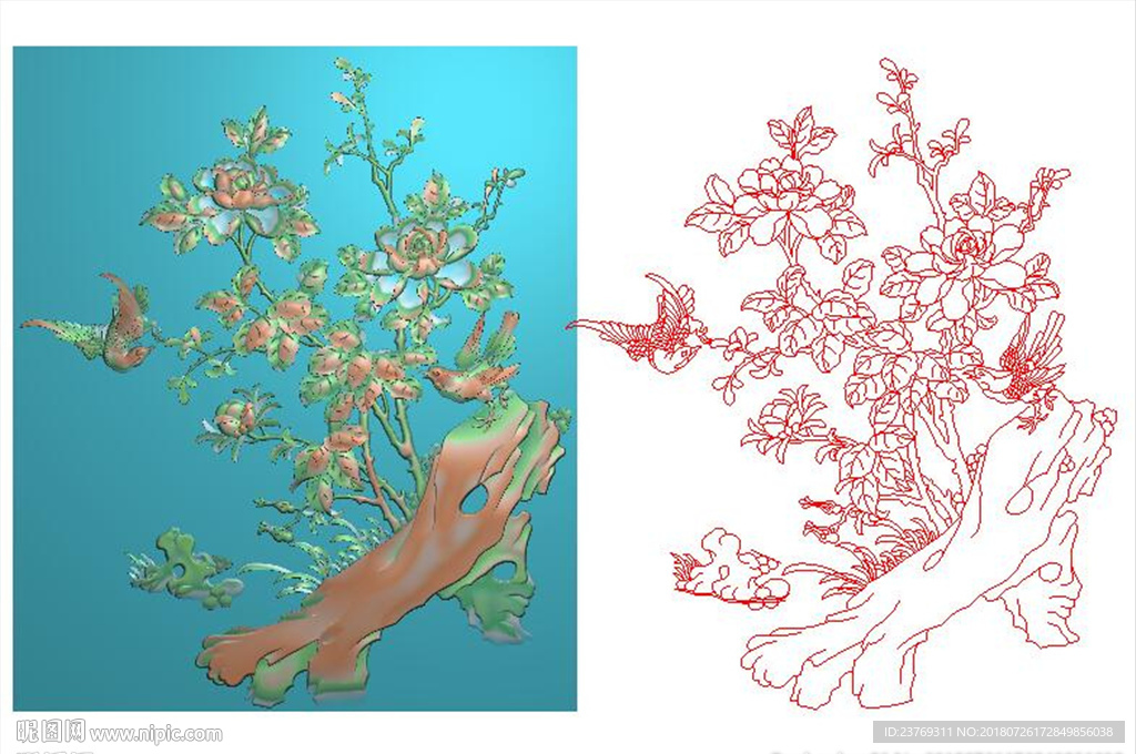 牡丹鸟花鸟门板花开富贵精雕图