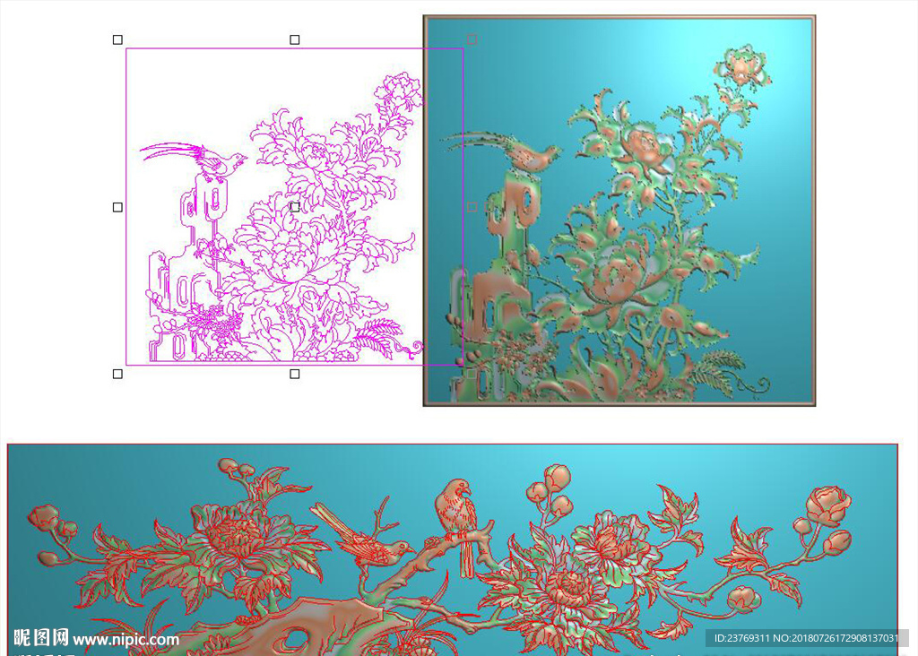 牡丹花门板花鸟牡丹花围板精雕图