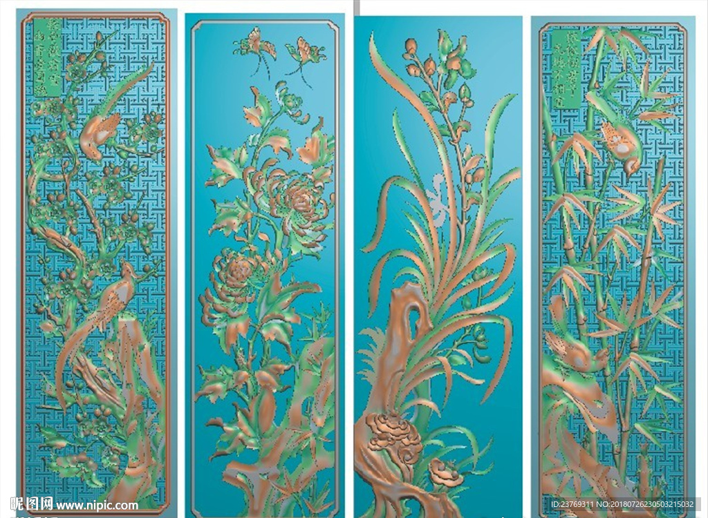 浮雕梅兰竹菊挂屏花鸟屏风精雕图