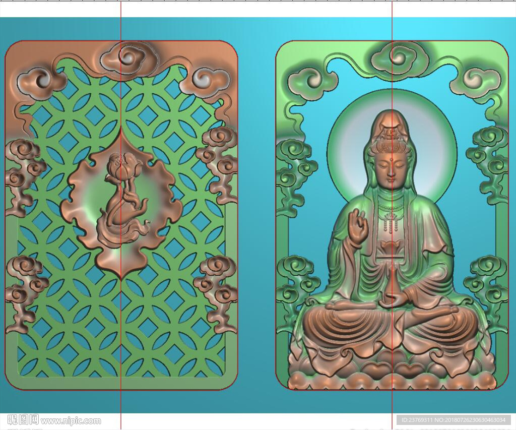 正坐托瓶双面观音挂件精雕图浮雕