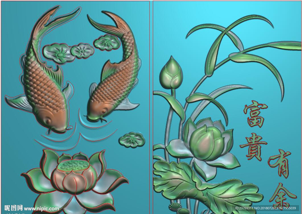 荷花鱼双鱼莲花年年有余精雕图