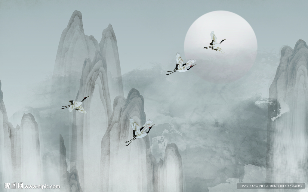 新中式意境水墨山水电视背景墙壁