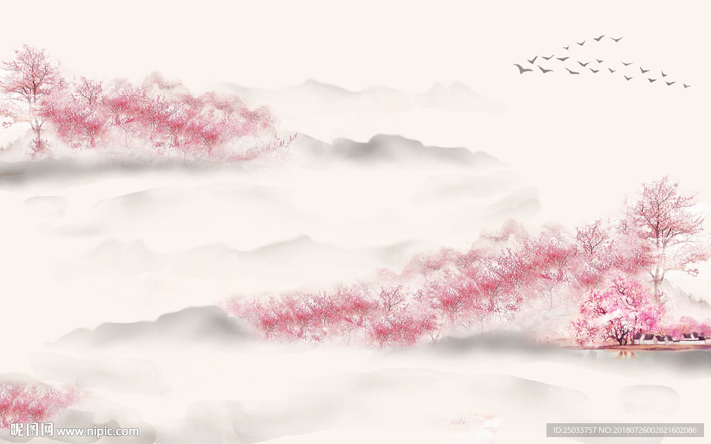 粉色树林水墨手绘飞鸟玄关屏风背