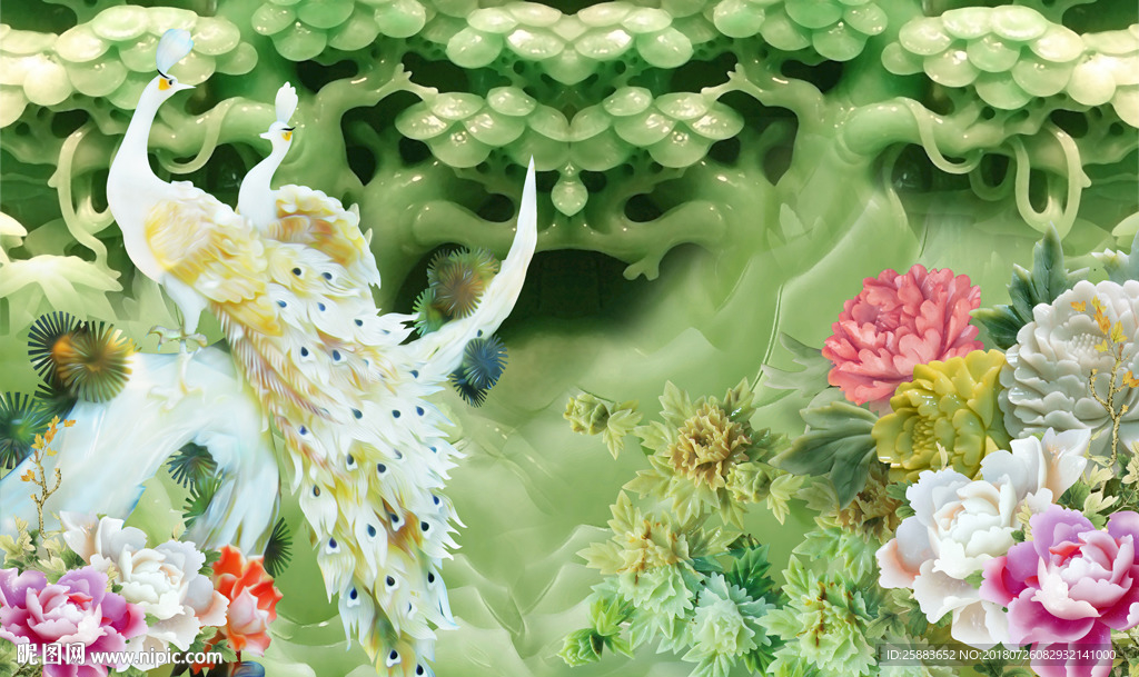 迎客松孔雀牡丹玉雕电视背景墙