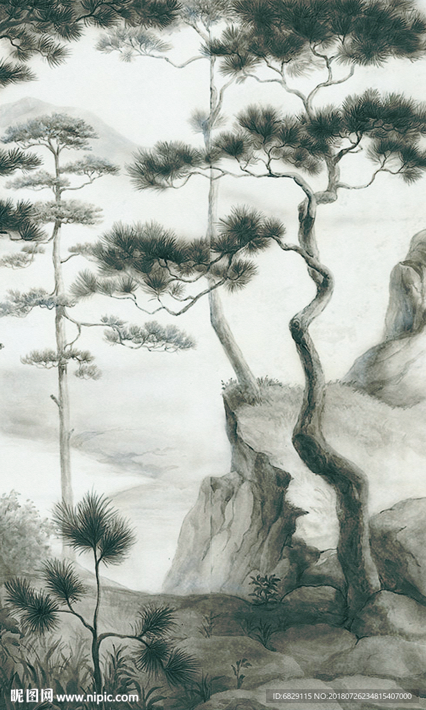古典松树图片手绘松树装饰画