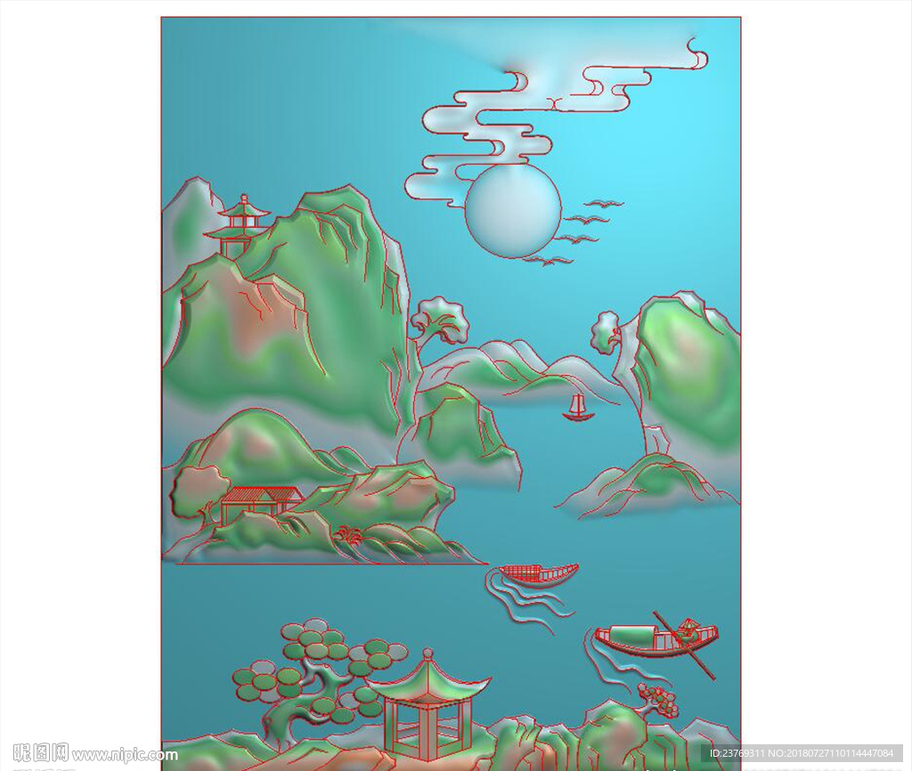 山水玉雕挂件风景月亮小船精雕图