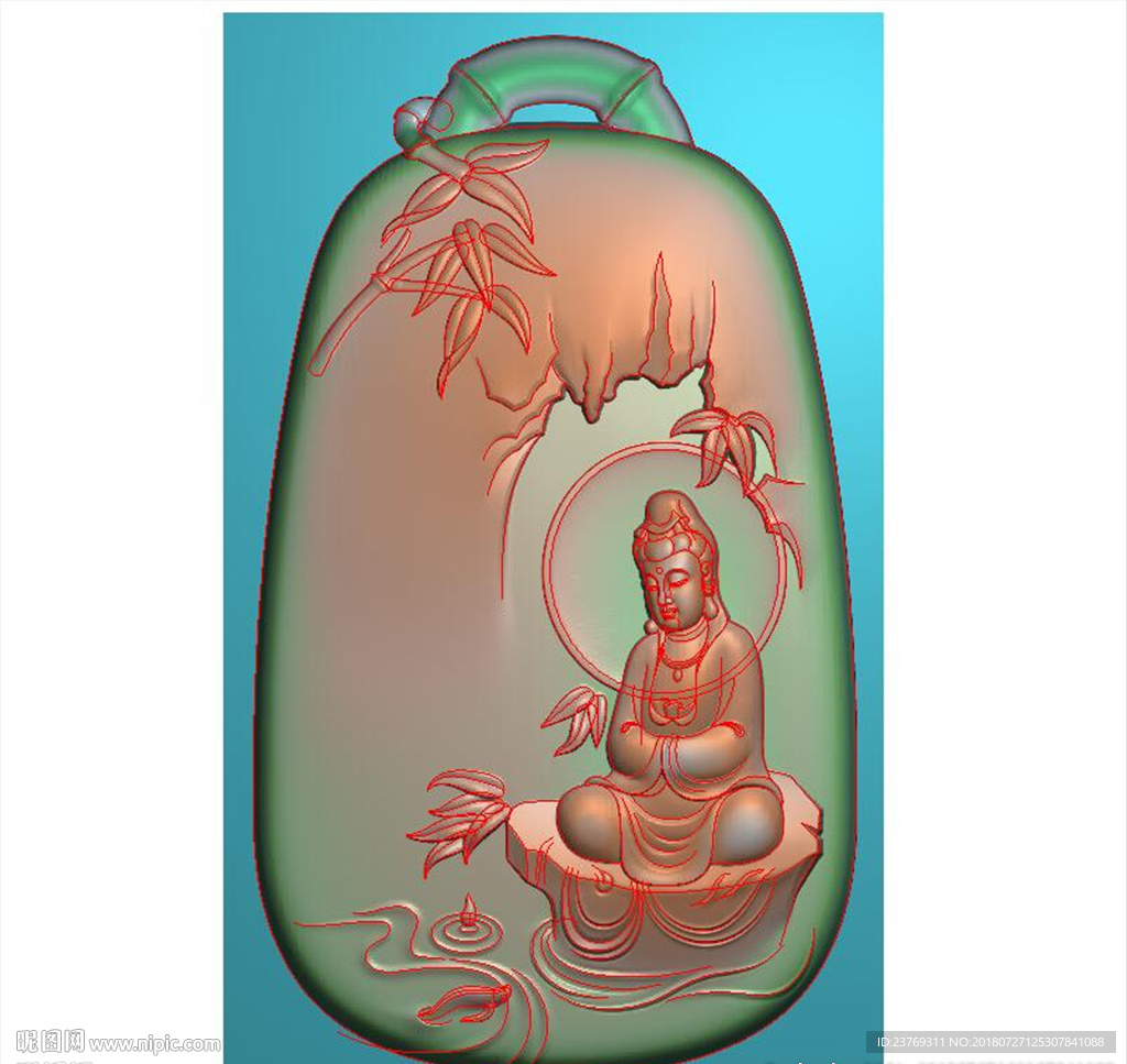 竹子牌头山水观音挂件精雕图浮雕