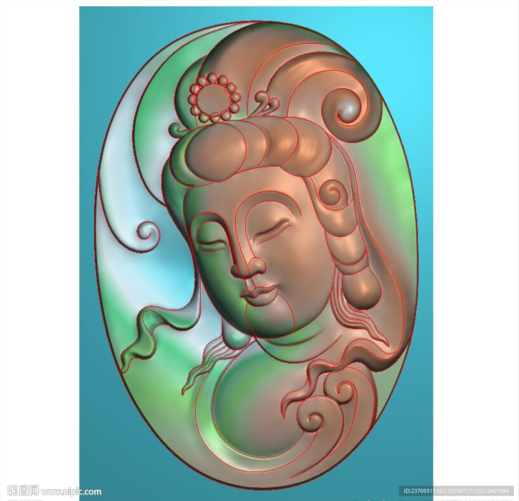 玉雕观音头挂件精雕图浮雕图灰度