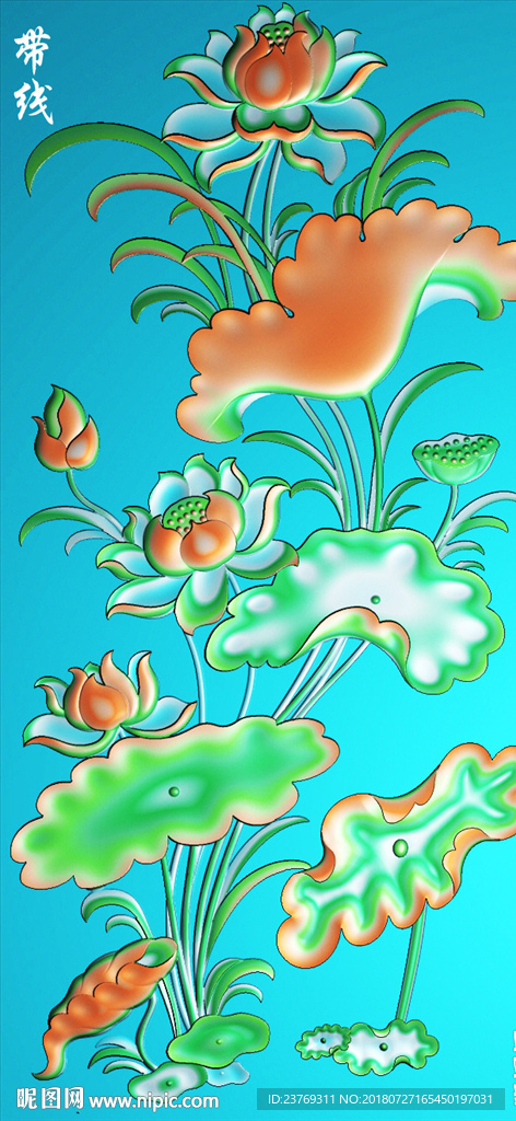 荷花莲花门板大门精雕图浮雕灰度