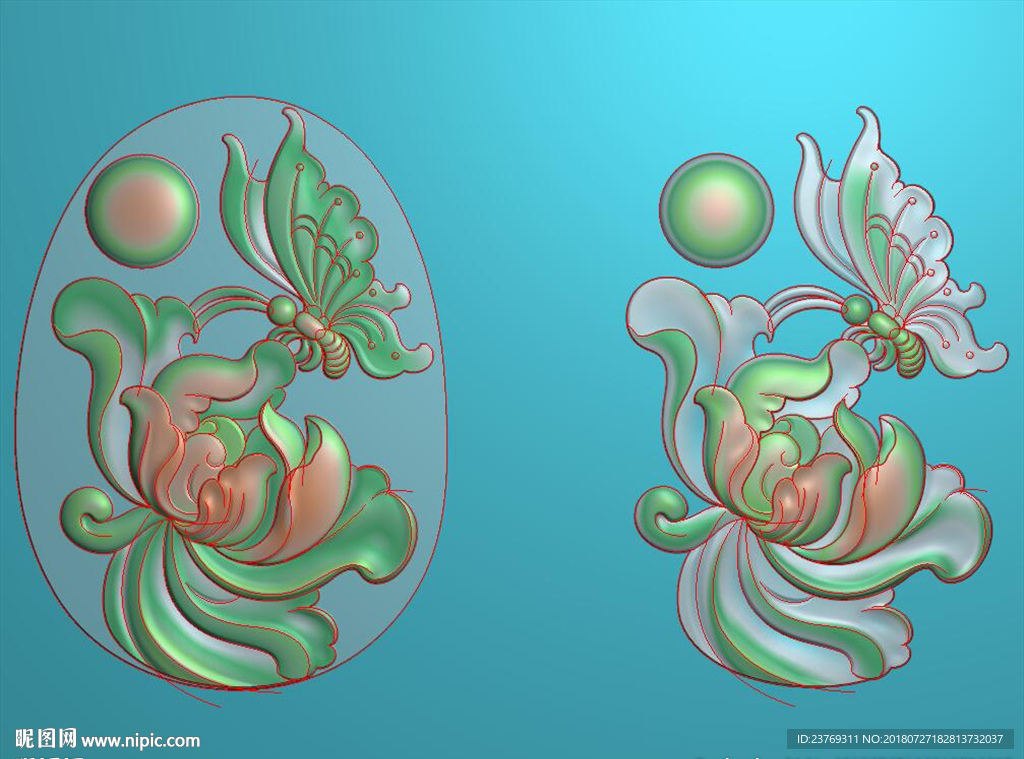 花草牡丹花蝴蝶挂件蝶恋花精雕图