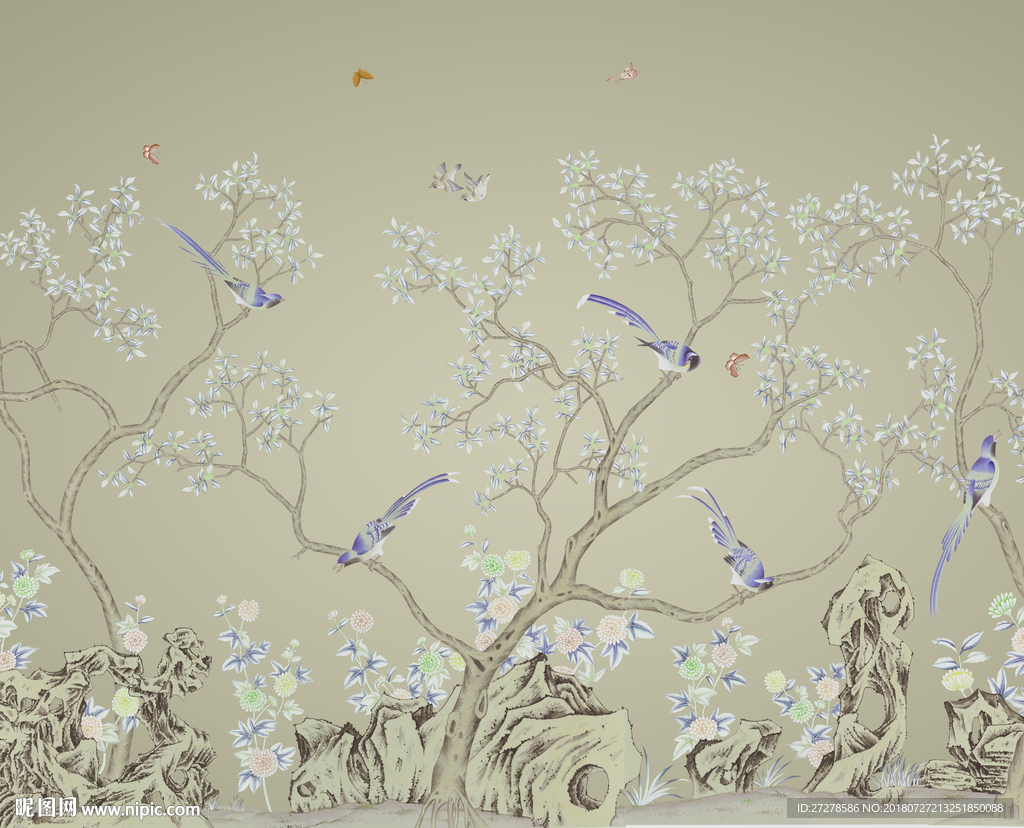 大型高清分层工笔花鸟画背景