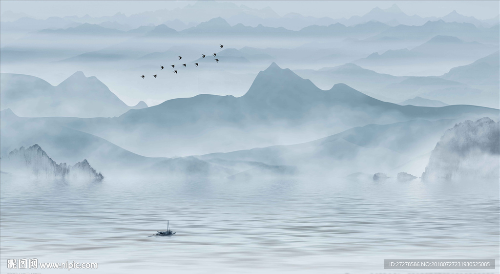 大型蓝色山水画壁纸