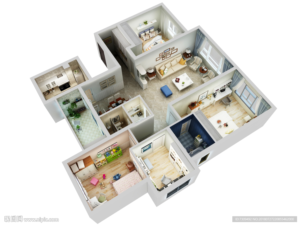 美式田园风装修户型效果图