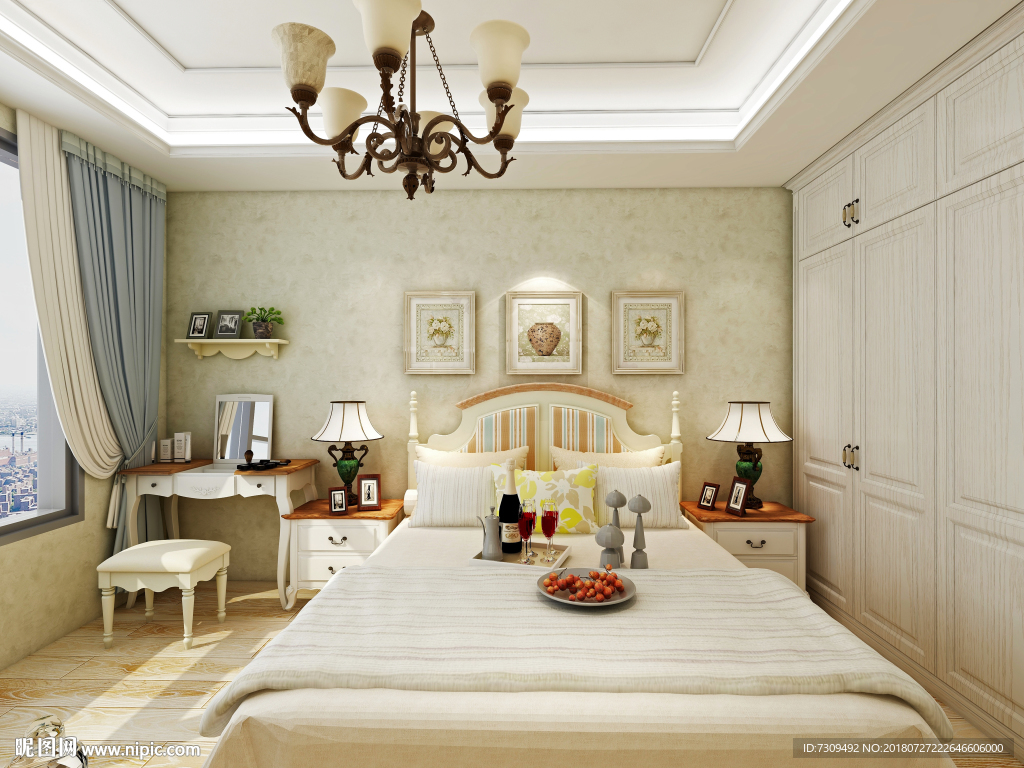 美式田园风格主卧装修效果图