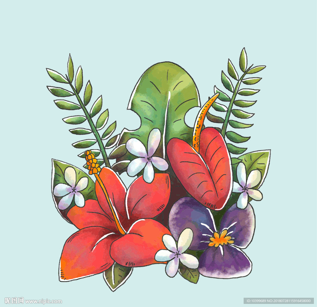 水彩绘热带花束矢量素材