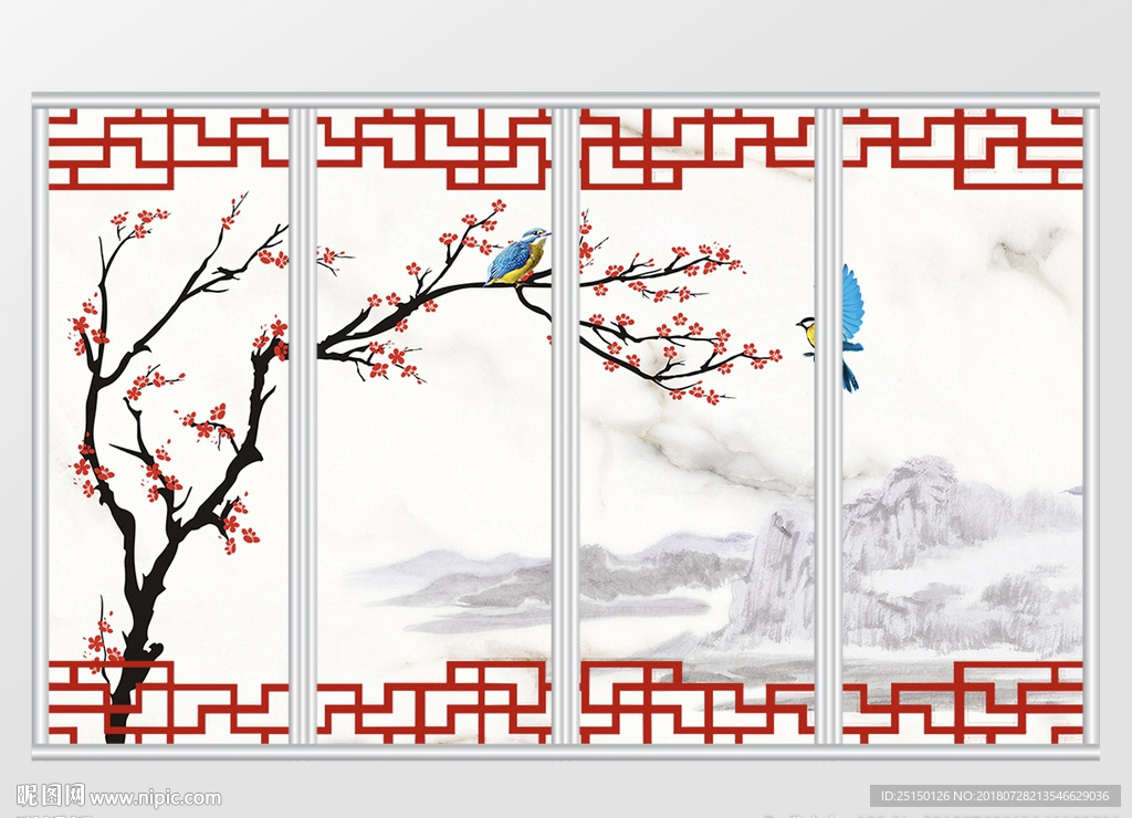新中式梅花蓝鸟移门