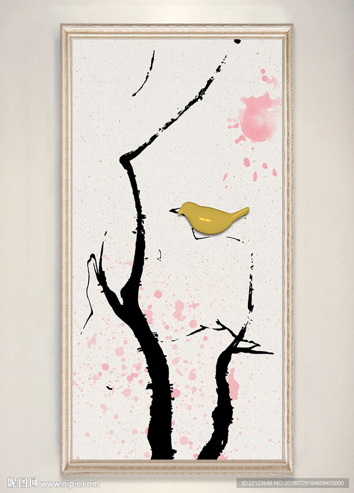 手绘树枝立体金色小鸟装饰画