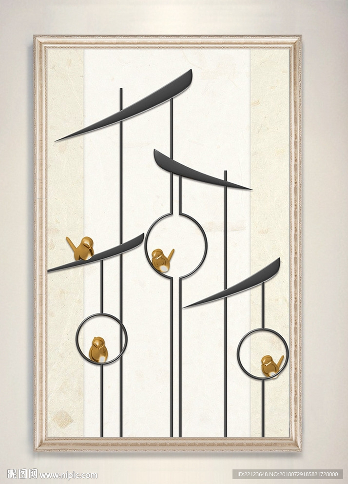 新中式徽派建筑金色小鸟装饰画