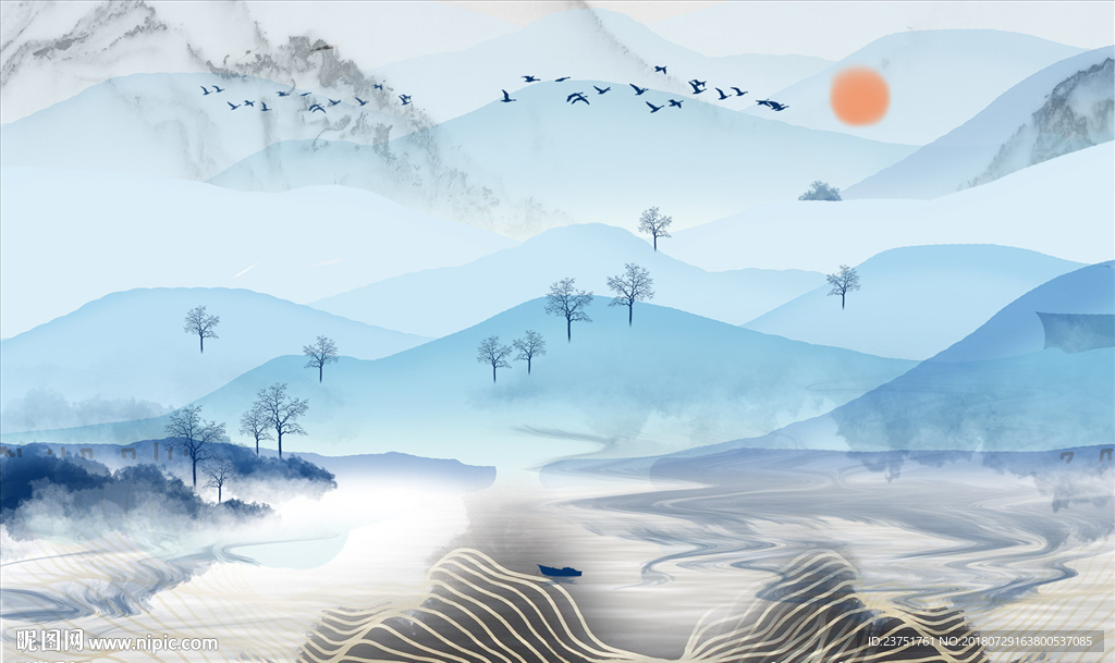 蓝色山水画