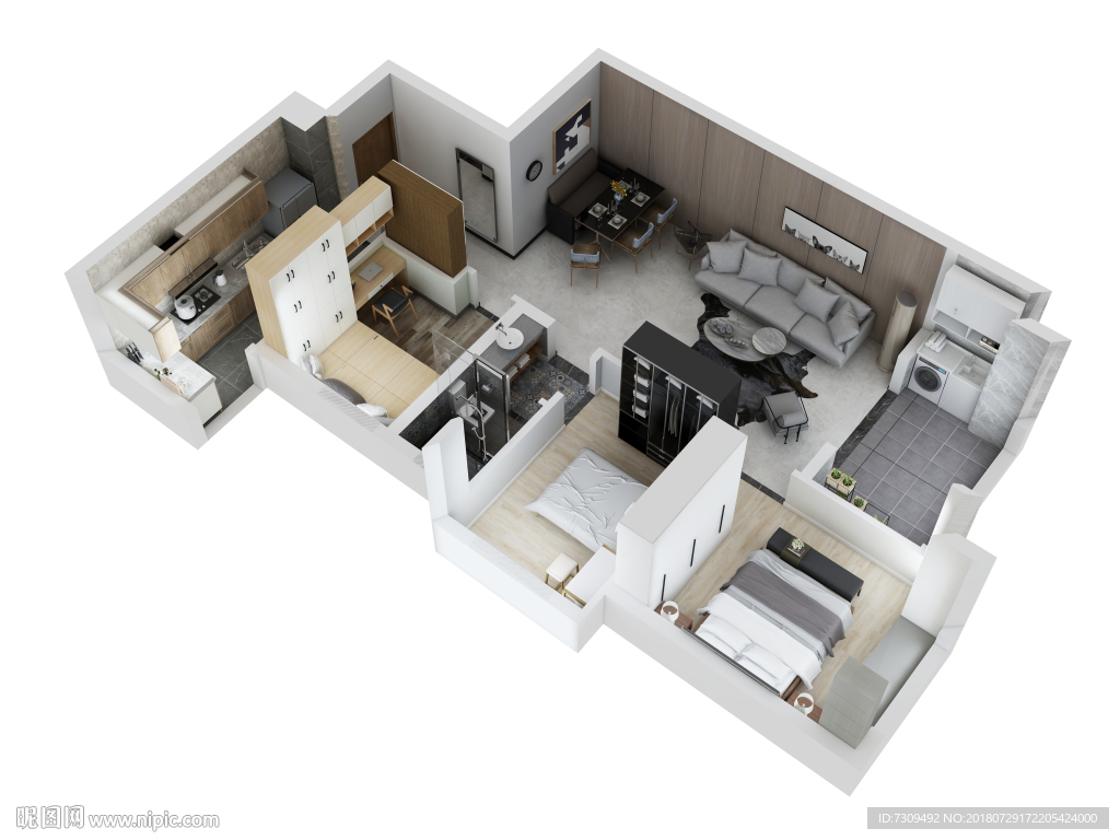 现代灰调轻奢风装修户型效果图