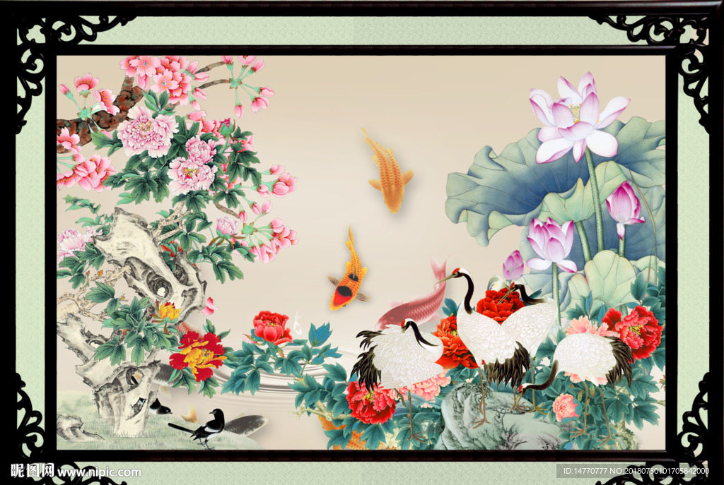 牡丹荷花 仙鹤图