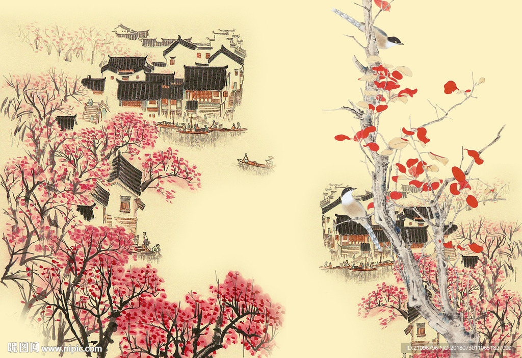 国画花鸟背景墙