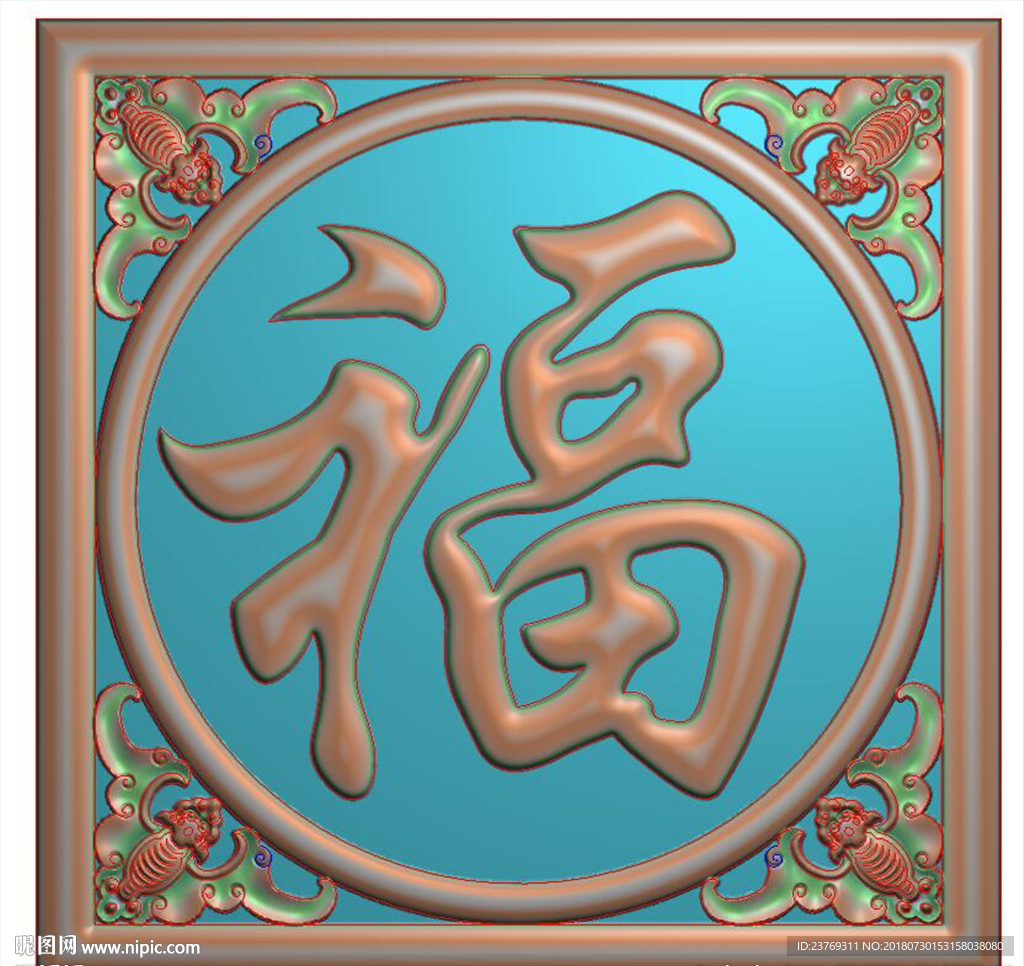 正方形蝙蝠福博古门板挂匾精雕图